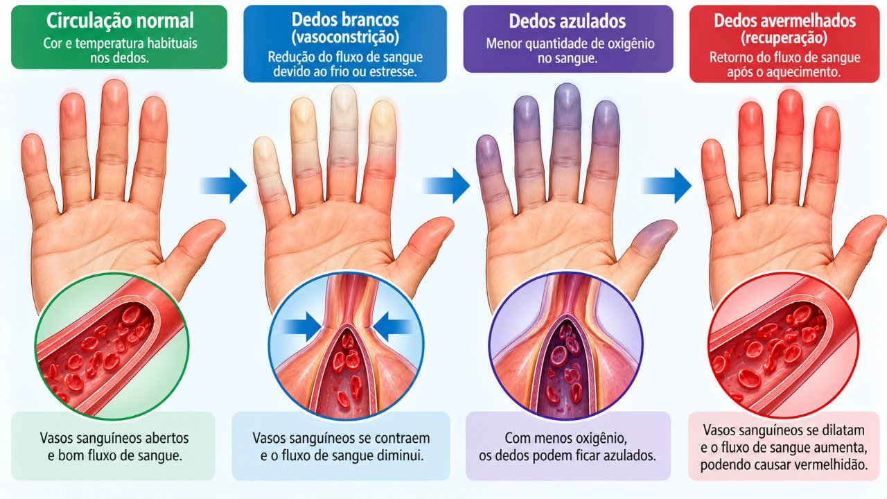 No fenômeno de Raynaud, os vasos dos dedos se contraem no frio e podem provocar mudanças temporárias de cor e sensibilidade.