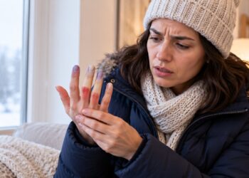 Dedos que mudam de cor no frio e ficam vermelhos ao aquecer podem apresentar um padrão típico do fenômeno de Raynaud.