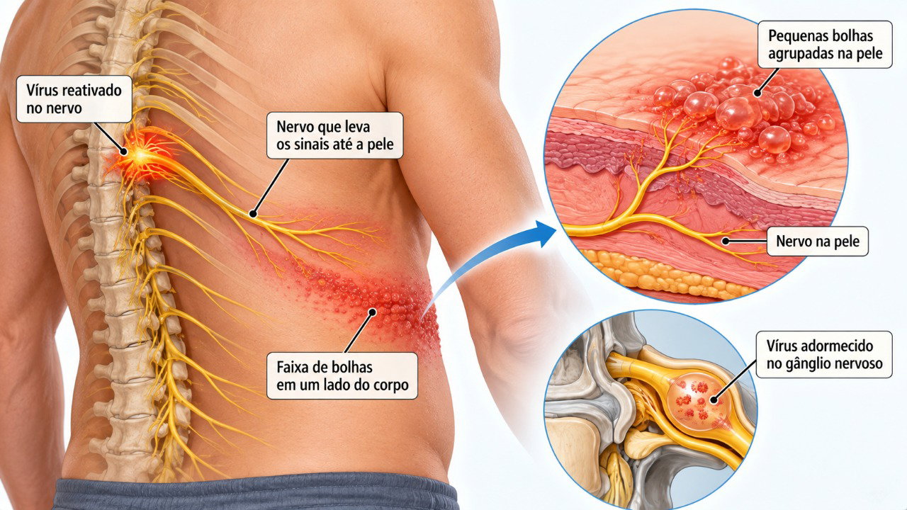O herpes-zóster costuma seguir o trajeto de um nervo e causar lesões agrupadas em uma faixa de um lado do corpo.