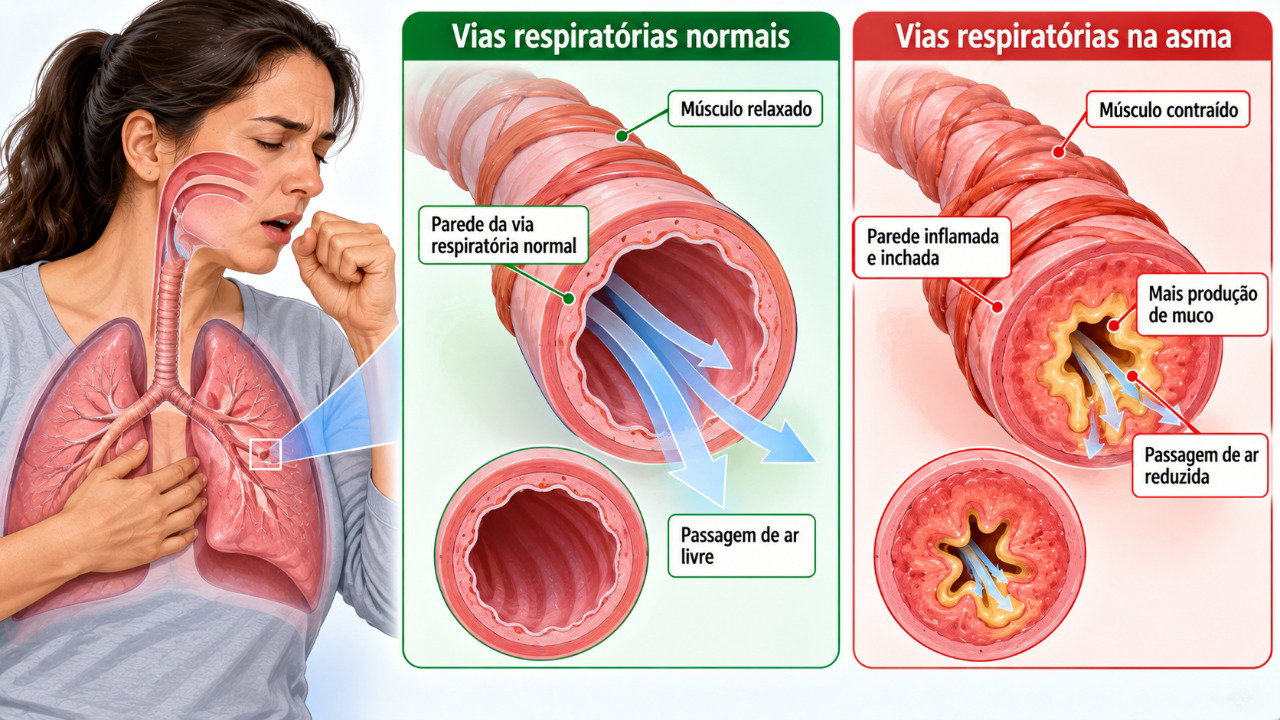 Na asma, as vias respiratórias podem ficar inflamadas, estreitas e mais sensíveis a diferentes gatilhos.