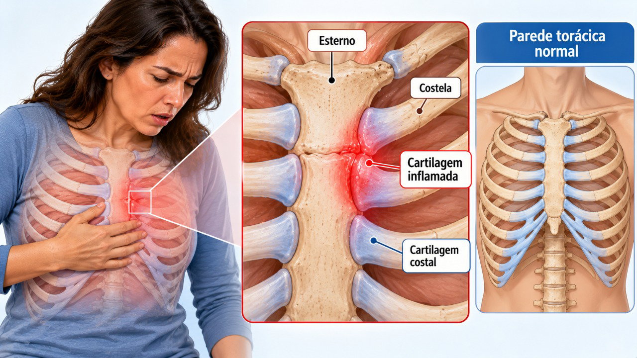 Na costocondrite, a inflamação das cartilagens próximas ao esterno pode causar dor ao respirar fundo, tossir ou movimentar o tronco.