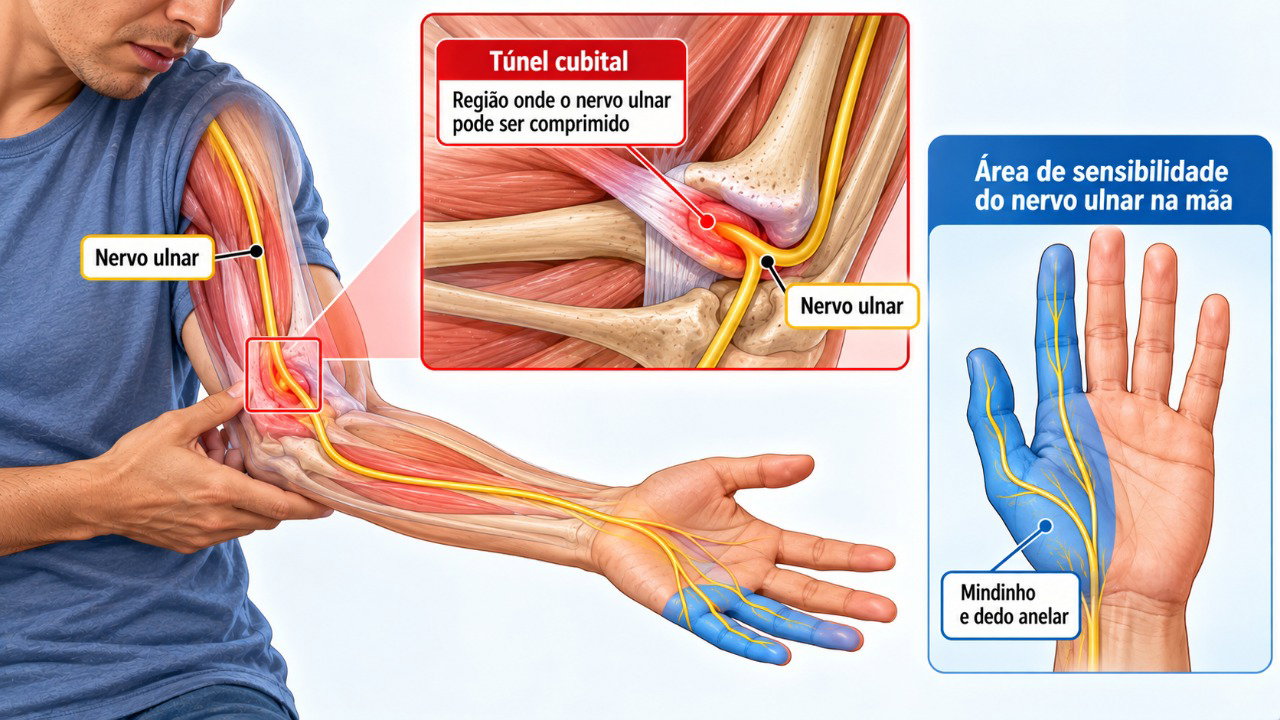 A compressão do nervo ulnar no túnel cubital pode causar formigamento, dormência e, em casos mais avançados, fraqueza na mão.