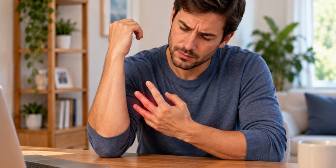 Formigamento no mindinho e no anelar pode aparecer quando o nervo ulnar fica comprimido na região do cotovelo.