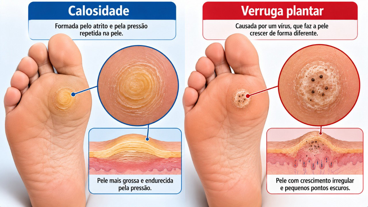 Calos e verrugas plantares podem parecer semelhantes, mas apresentam características diferentes e não devem ser cortados em casa.