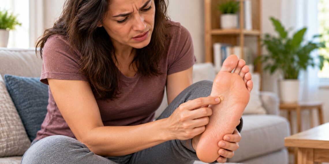 Uma área endurecida e dolorida na sola do pé pode ser calo ou verruga plantar e merece avaliação quando persiste.