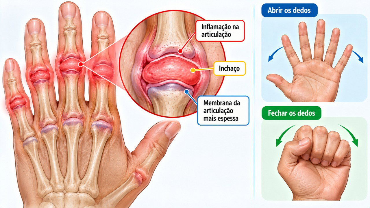 A inflamação nas articulações pode causar rigidez, inchaço e dificuldade para movimentar os dedos pela manhã.
