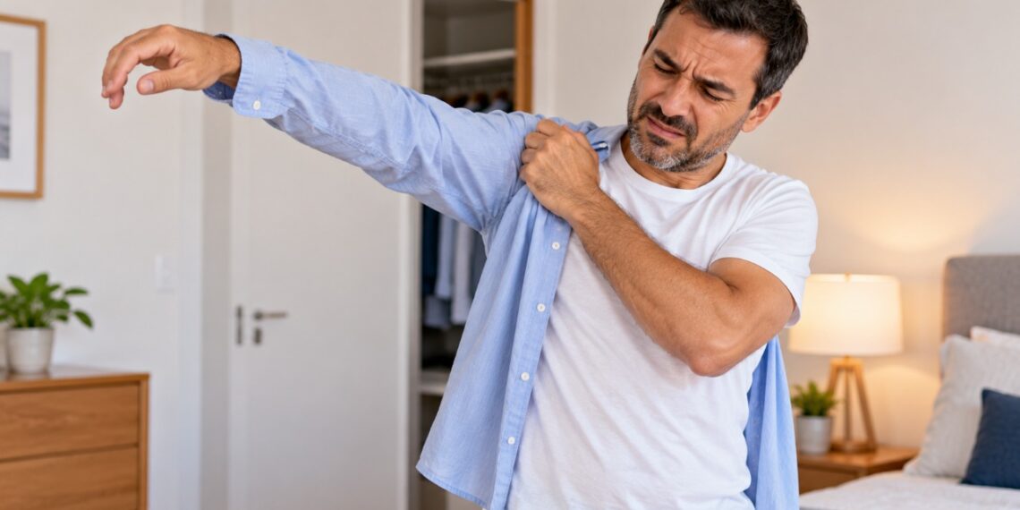 Rigidez progressiva no ombro que dificulta vestir roupa ou pentear o cabelo pode indicar ombro congelado.