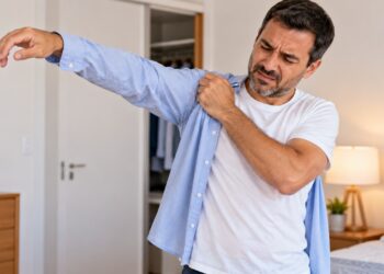 Rigidez progressiva no ombro que dificulta vestir roupa ou pentear o cabelo pode indicar ombro congelado.