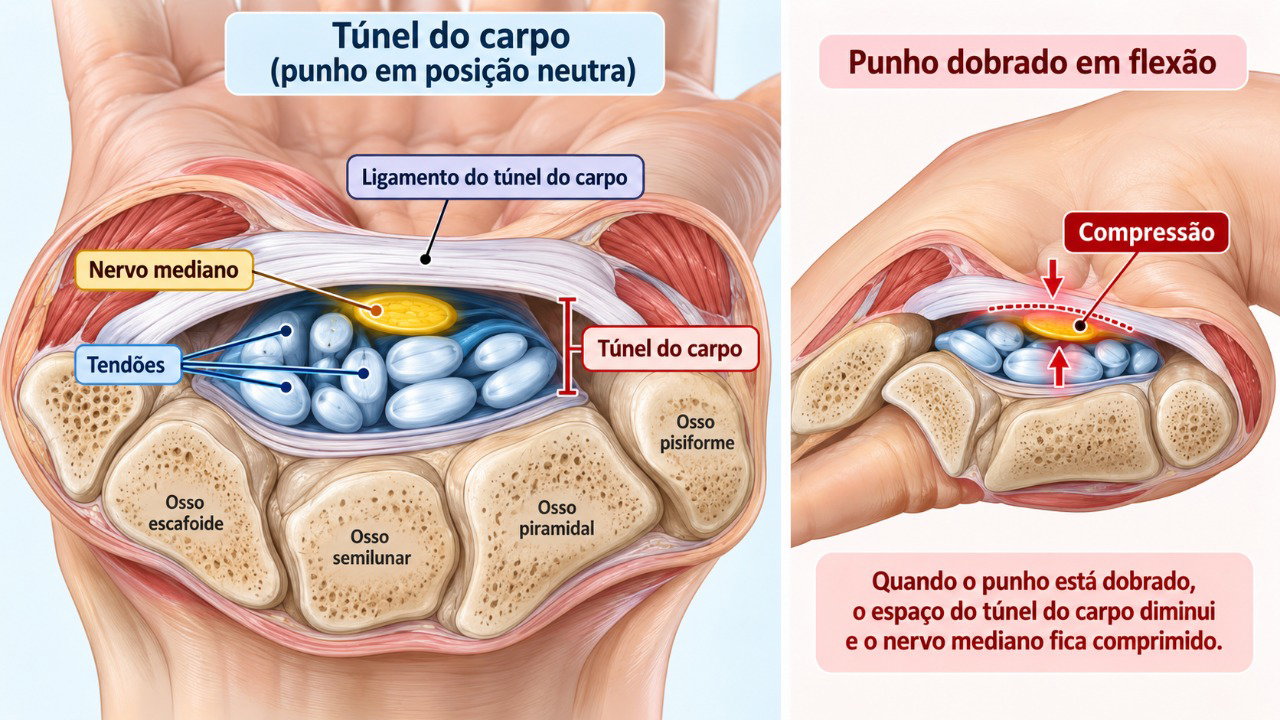 A compressão do nervo mediano no punho pode causar dormência, formigamento e perda de força na mão.