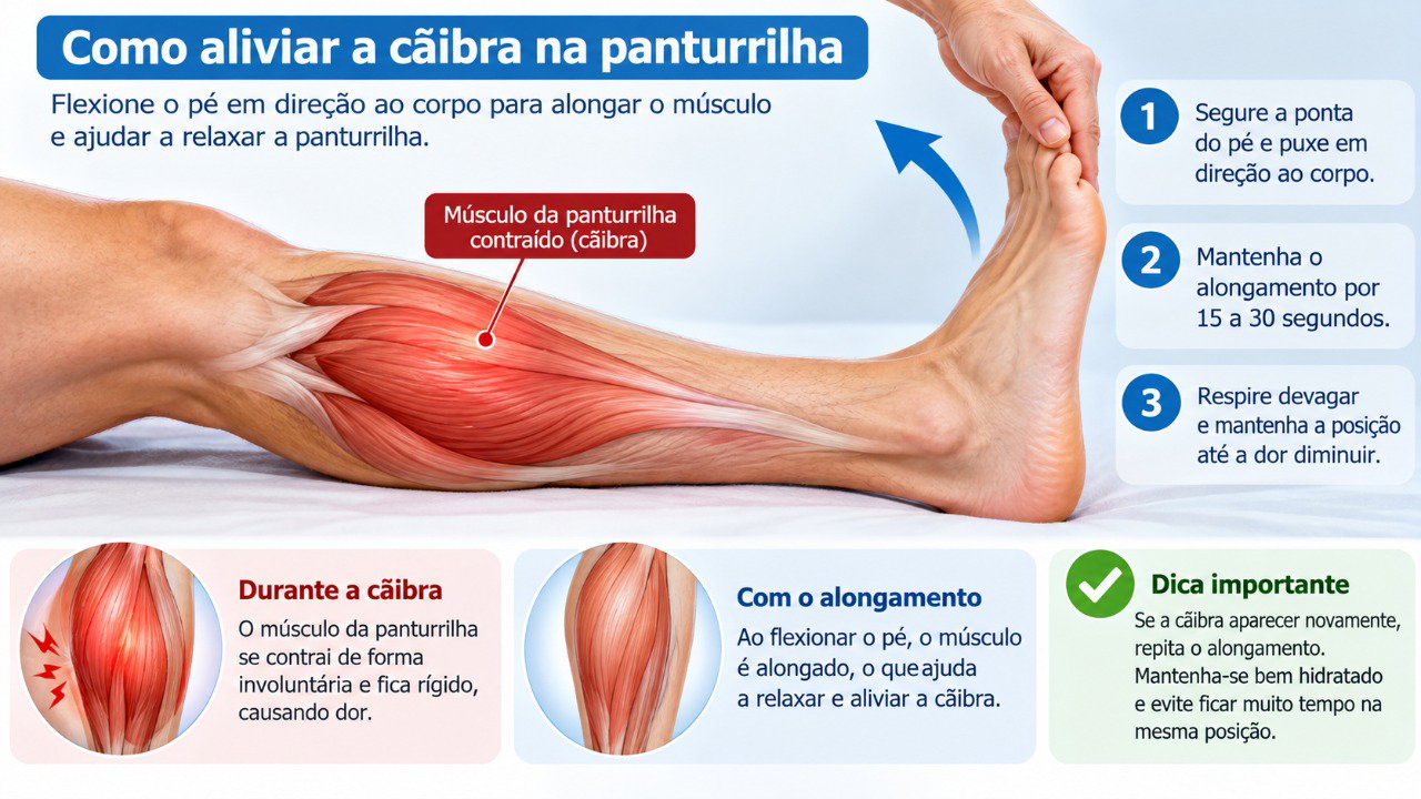 Esticar a perna e puxar a ponta do pé em direção ao corpo pode ajudar a aliviar a cãibra na panturrilha.
