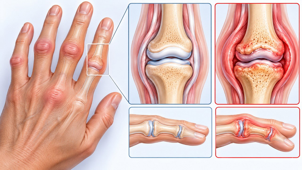 Inflamação nas pequenas articulações das mãos pode causar rigidez, dor e inchaço persistentes.