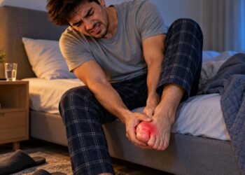 Dor súbita, vermelhidão, calor e inchaço no dedão do pé podem levantar a suspeita de gota.