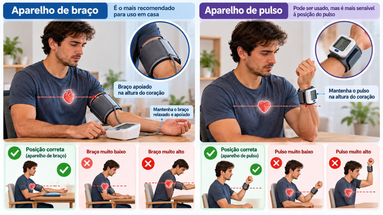 A posição correta do membro influencia a precisão da medição, especialmente nos aparelhos de pulso.