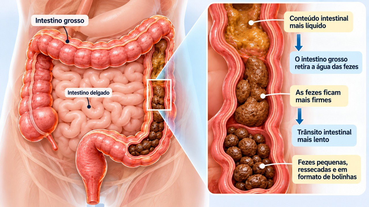 Fezes em bolinhas podem ocorrer quando o conteúdo permanece mais tempo no intestino e perde água.