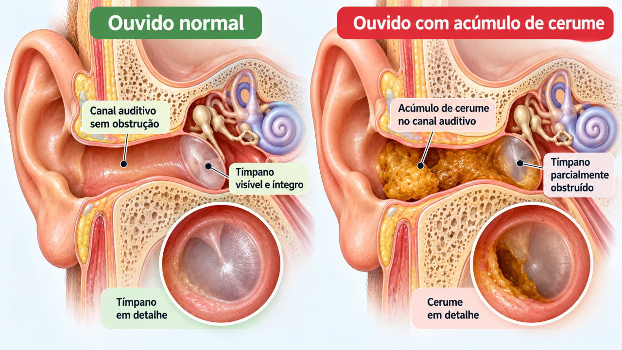 O excesso de cerume pode bloquear o canal auditivo e reduzir temporariamente a passagem do som.