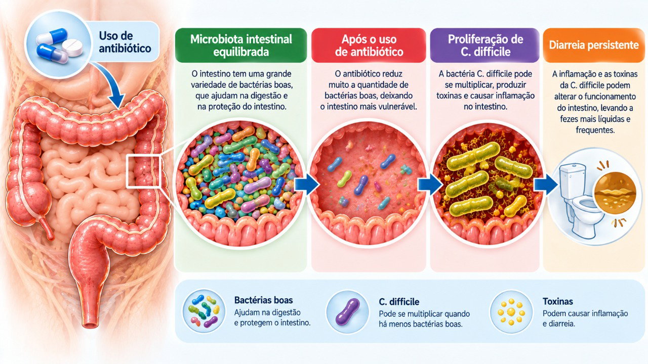 Após antibióticos, o desequilíbrio da microbiota pode favorecer infecções intestinais como a causada por C. difficile.