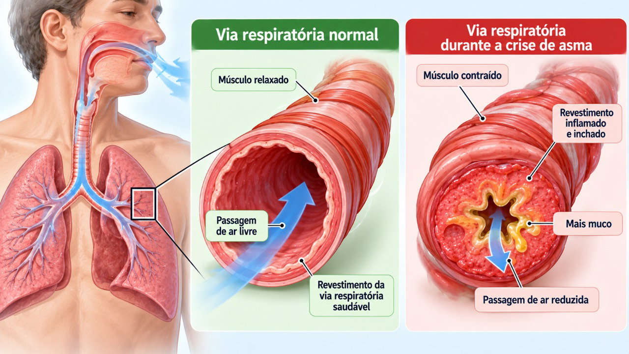 Na asma, a inflamação e o estreitamento das vias respiratórias podem causar chiado, tosse e falta de ar.
