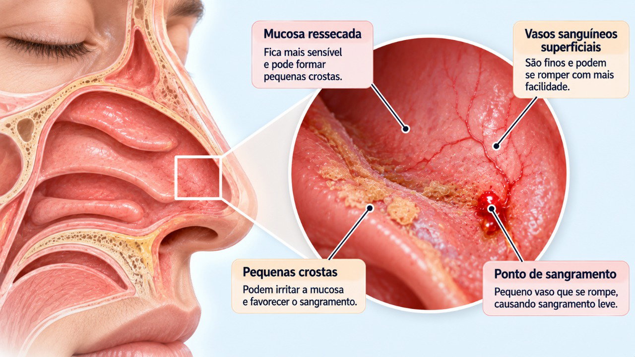 O ressecamento pode fragilizar a mucosa nasal e facilitar pequenos sangramentos.