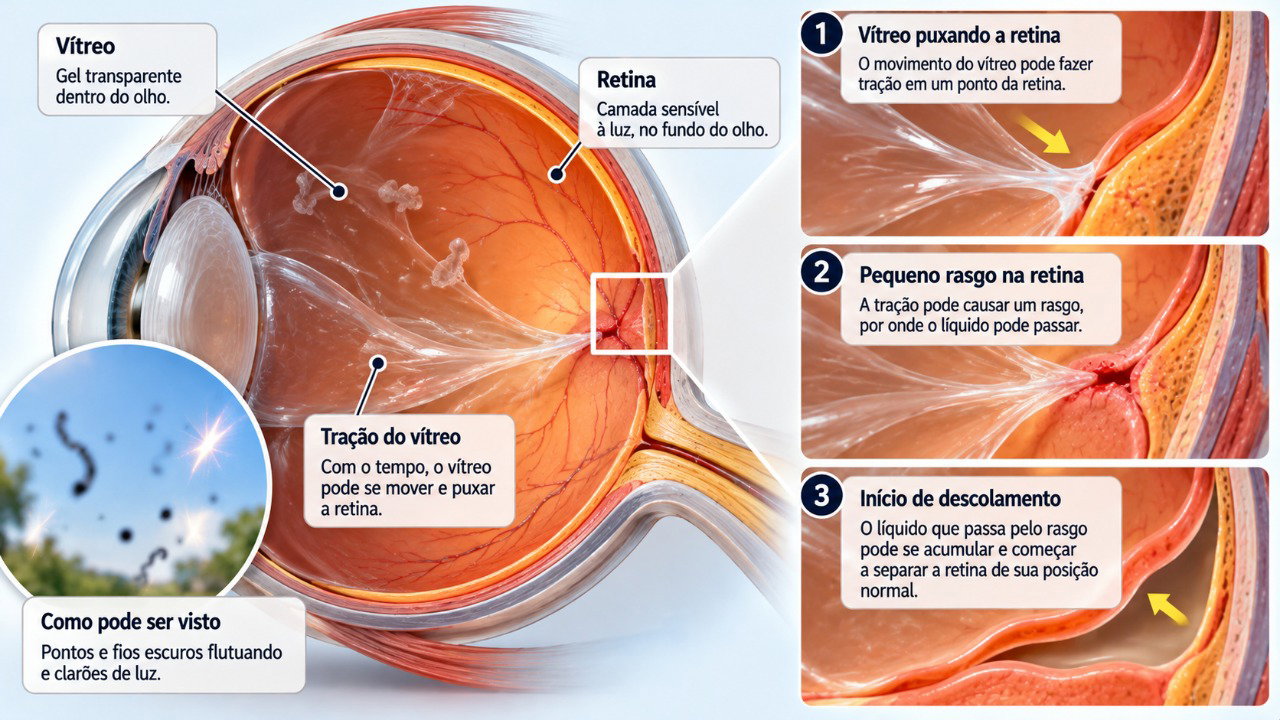 A tração do vítreo pode provocar um rasgo na retina e causar moscas volantes e flashes luminosos.