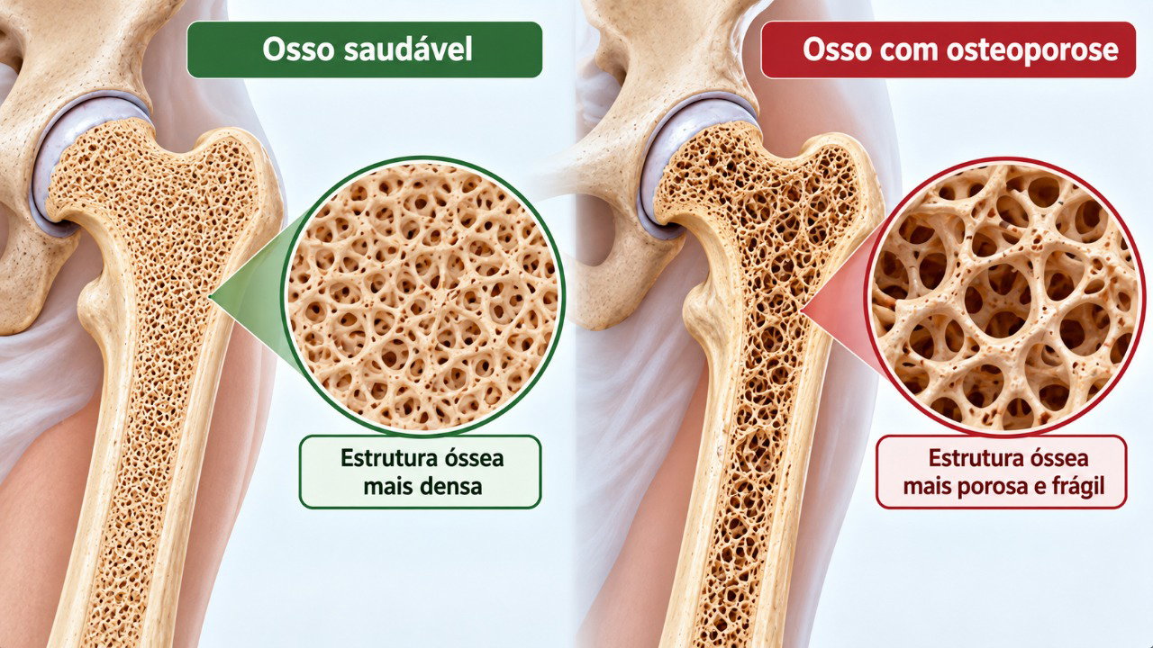 Na osteoporose, a estrutura interna do osso fica mais porosa e frágil, aumentando o risco de fraturas.