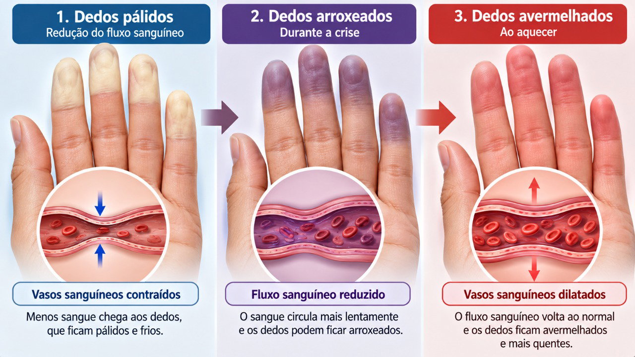 No fenômeno de Raynaud, os vasos dos dedos se estreitam temporariamente e podem causar mudanças de cor, formigamento e ardor.
