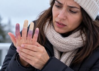 Dedos que mudam de cor no frio e depois ardem podem seguir um padrão compatível com fenômeno de Raynaud.
