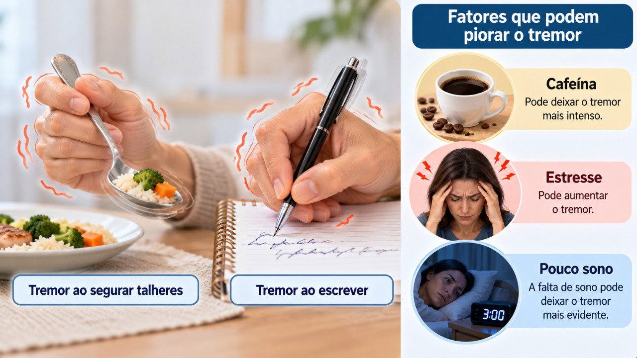 Alguns tremores aparecem principalmente durante movimentos e podem piorar com cafeína, estresse ou noites mal dormidas.