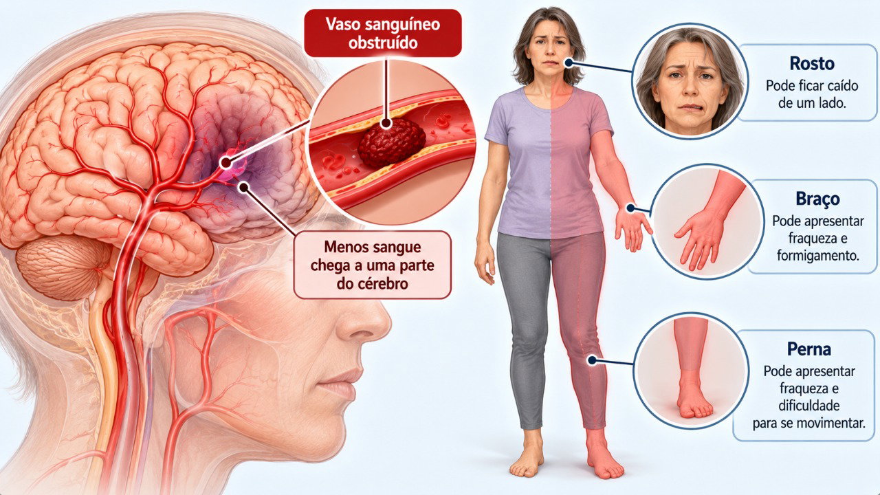 O AVC pode causar alterações súbitas de força e sensibilidade em apenas um lado do corpo.
