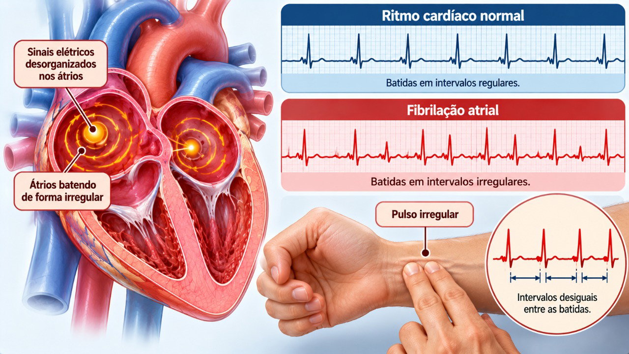 Alterações elétricas do coração podem causar batimentos rápidos, irregulares ou sensação de falha entre as batidas.