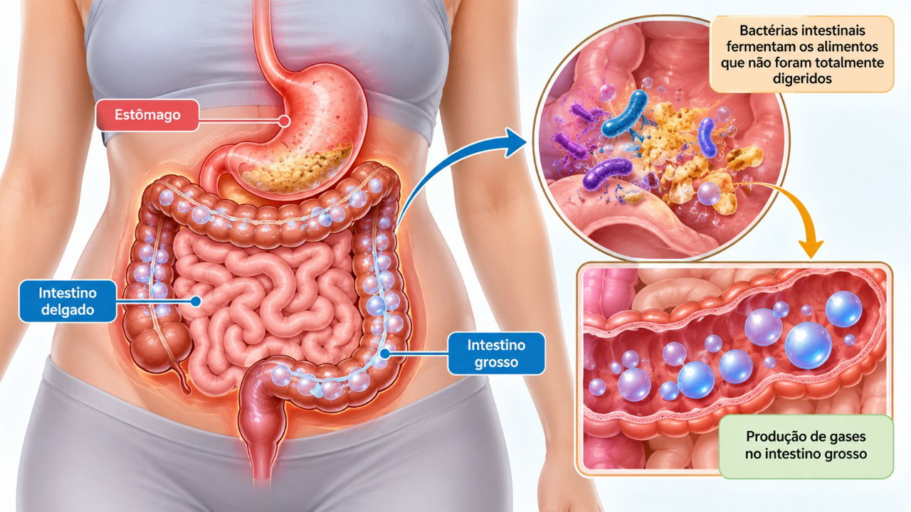 A fermentação de carboidratos pelas bactérias intestinais produz gases que podem contribuir para o estufamento abdominal.