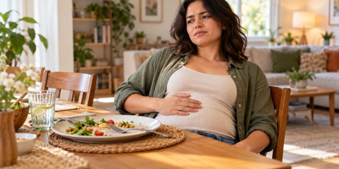 A barriga estufada depois de comer pode estar relacionada ao acúmulo de gases e à digestão dos alimentos.