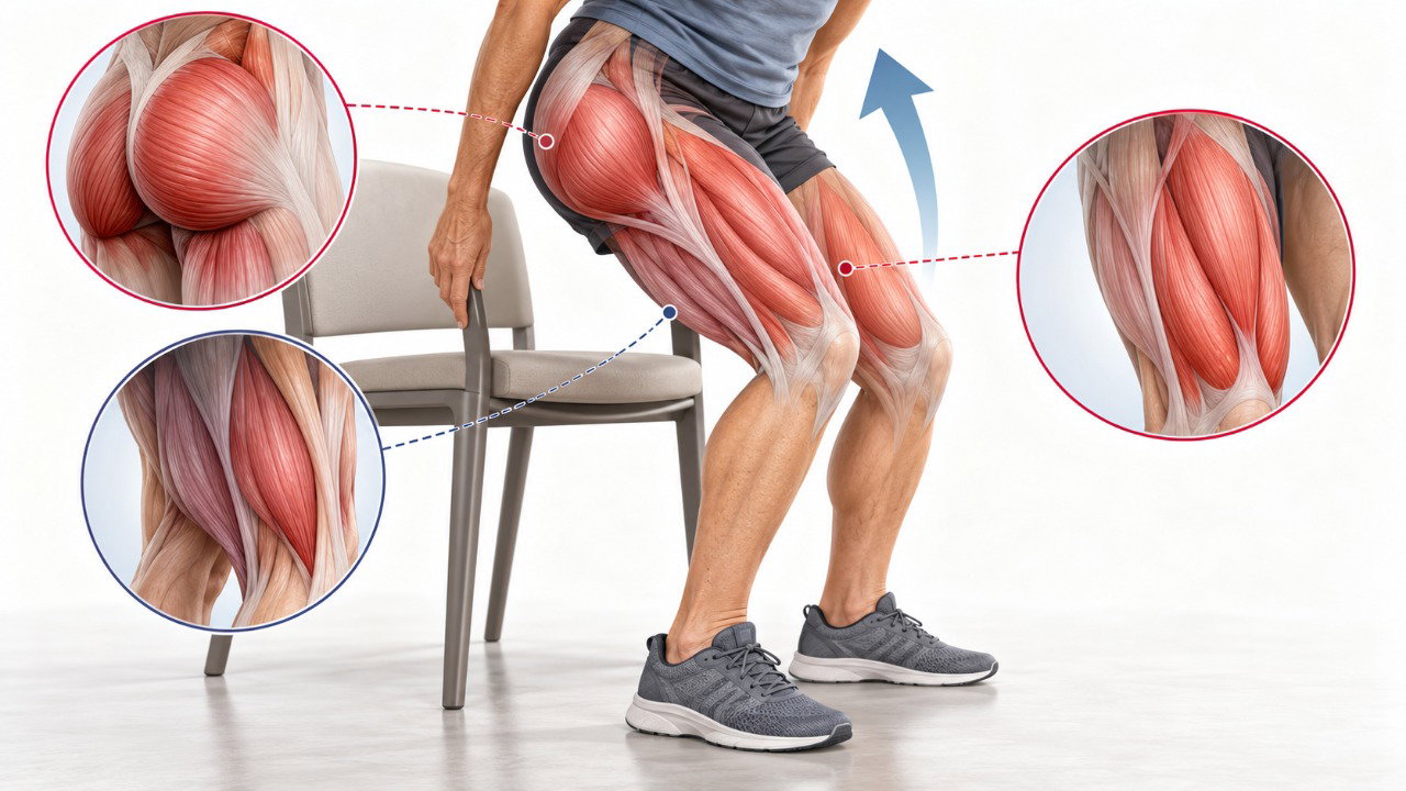 A perda de força nos músculos das coxas e dos glúteos pode dificultar movimentos como levantar da cadeira e subir escadas.