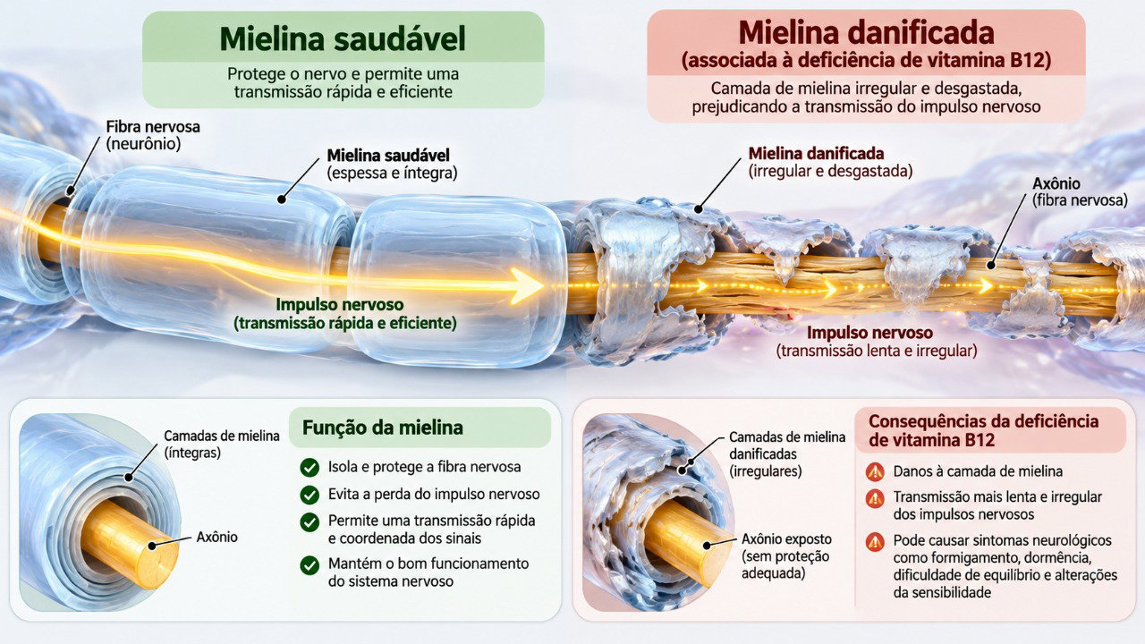 A falta de vitamina B12 pode comprometer a mielina, camada que protege os nervos e facilita a transmissão dos sinais nervosos.