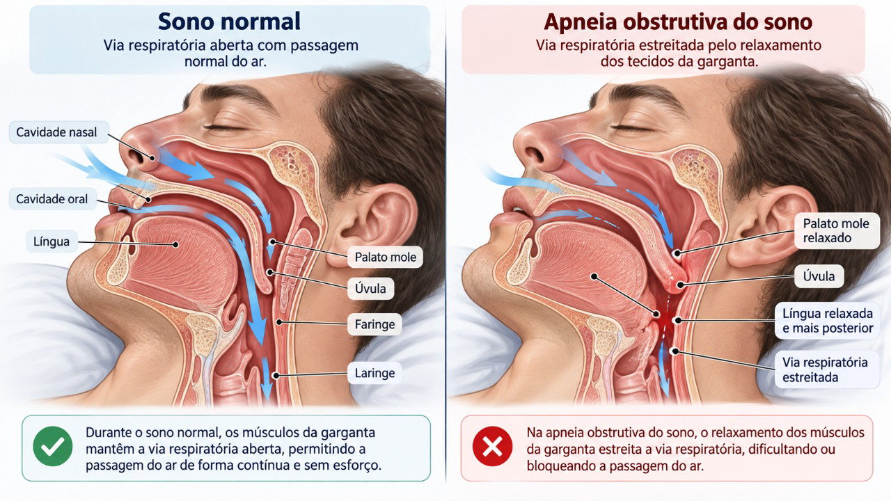Na apneia obstrutiva do sono, o estreitamento das vias respiratórias pode interromper a passagem do ar e provocar engasgos.