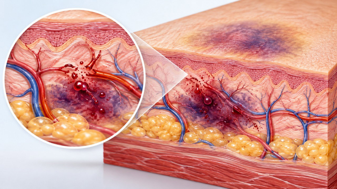 Os hematomas surgem quando pequenos vasos sanguíneos se rompem e o sangue se acumula nos tecidos abaixo da pele.
