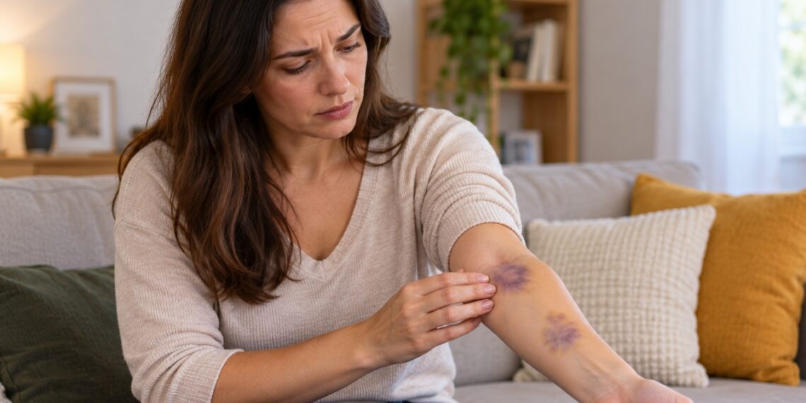 Manchas roxas que aparecem sem uma batida conhecida podem ter causas simples, mas episódios frequentes merecem investigação.