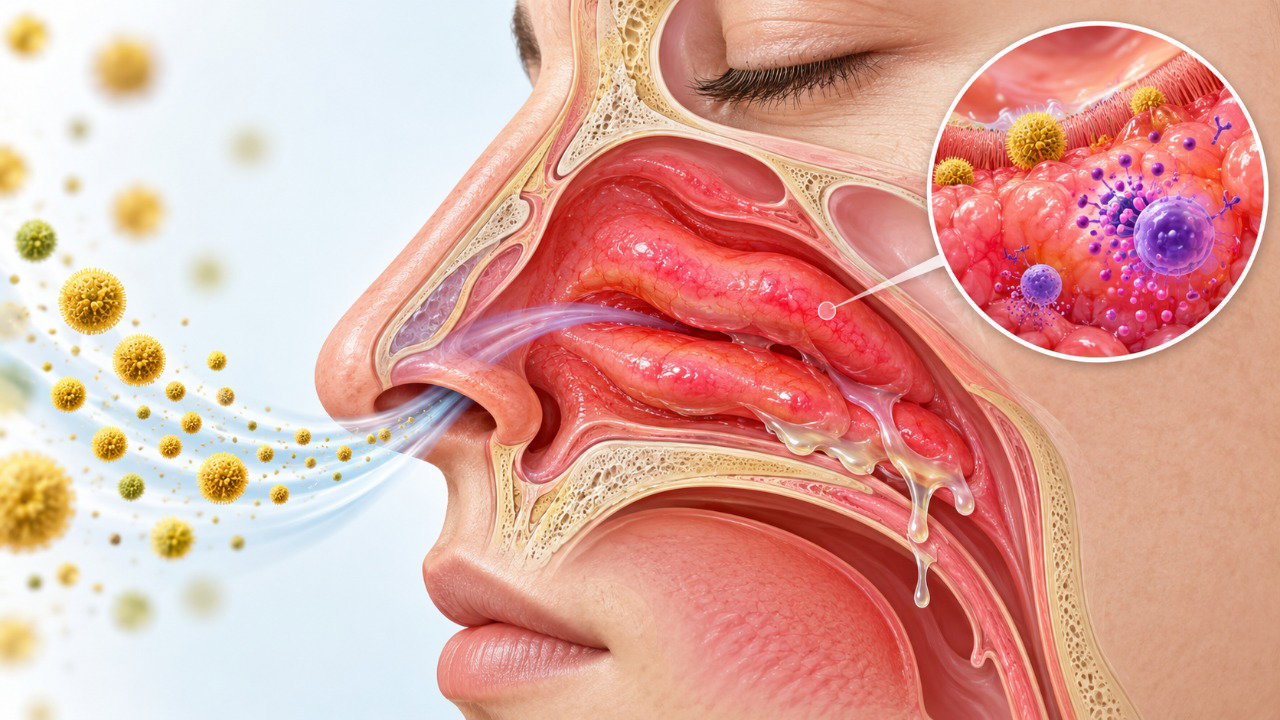 O contato com pólen e outros alérgenos pode provocar inflamação da mucosa nasal, causando espirros, coriza e congestão.