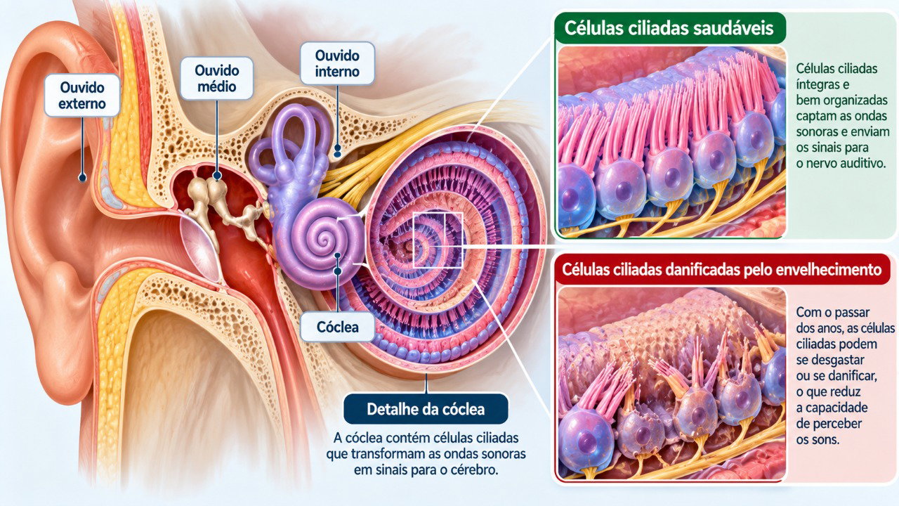 Alterações nas células sensoriais da cóclea podem dificultar a percepção de sons e a compreensão das palavras.