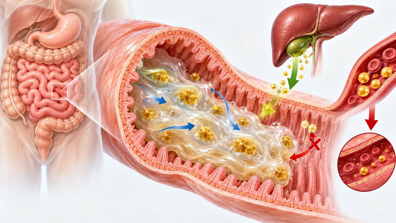 A betaglucana da aveia forma um gel no intestino que ajuda a reduzir a reabsorção de ácidos biliares e o colesterol LDL.