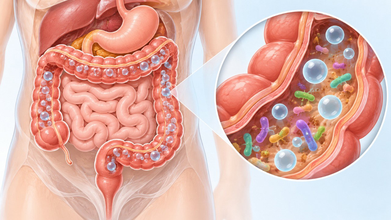 Os gases intestinais são produzidos naturalmente durante a fermentação de carboidratos pelas bactérias do intestino.