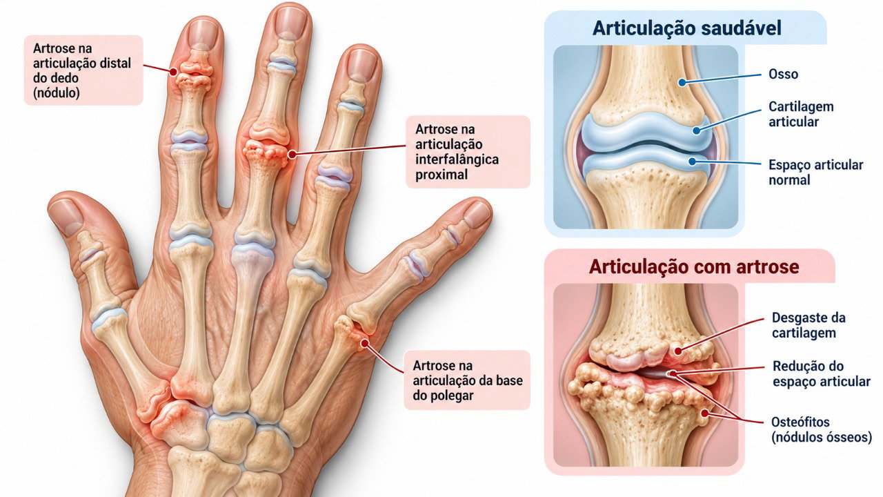 O desgaste articular provocado pela artrose pode causar dor, rigidez e alterações nas juntas dos dedos.