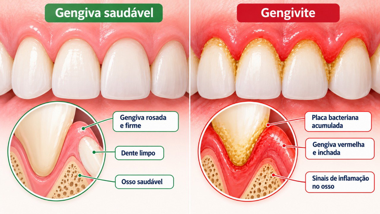 O acúmulo de placa bacteriana pode inflamar a gengiva e provocar sangramento, vermelhidão e inchaço.