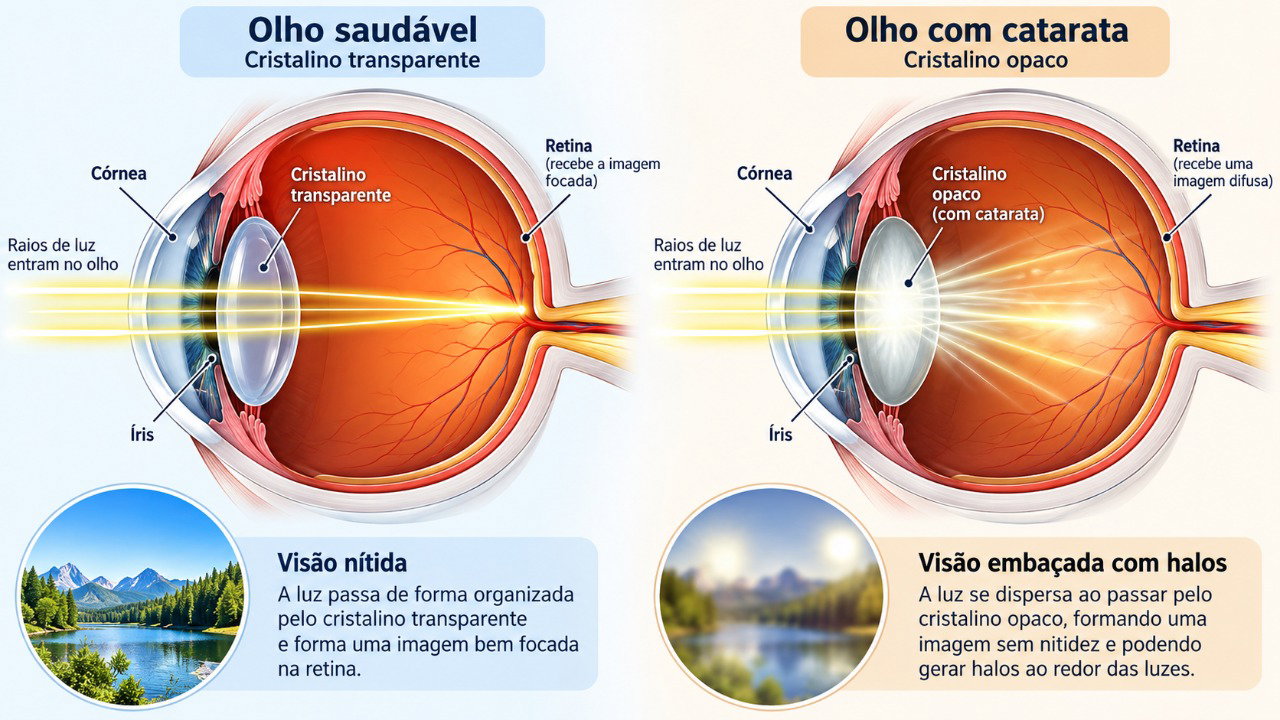 A opacidade do cristalino na catarata dispersa a luz e pode causar visão turva, ofuscamento e halos luminosos.