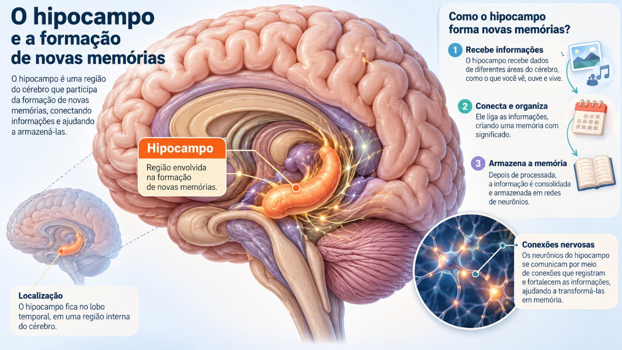 O hipocampo participa da formação de novas memórias, e alterações nessa região podem prejudicar a capacidade de recordar conversas recentes.