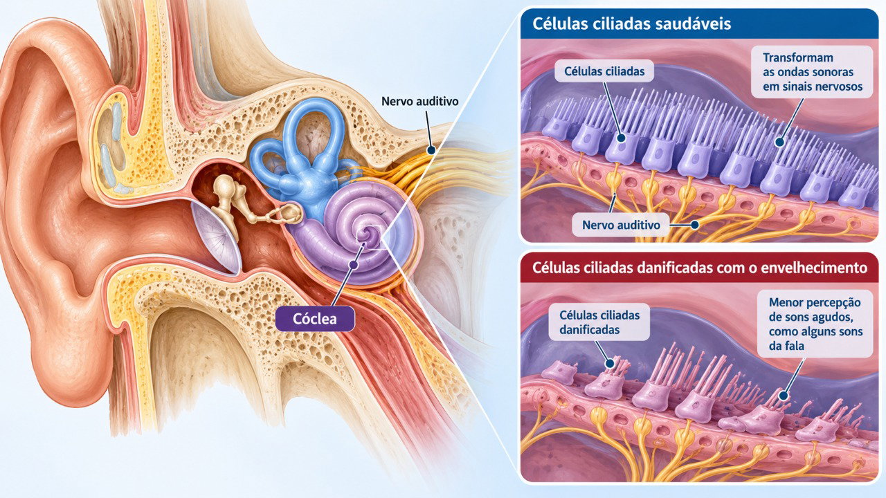 Alterações nas células sensoriais do ouvido interno podem dificultar a percepção de sons agudos importantes para compreender as palavras.