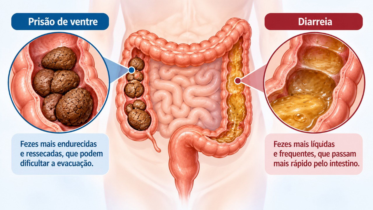 Alterações no trânsito intestinal e na absorção de água podem provocar fezes endurecidas ou evacuações líquidas.
