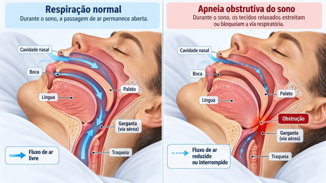 Na apneia obstrutiva do sono, o estreitamento das vias respiratórias provoca interrupções na respiração e prejudica a qualidade do descanso.