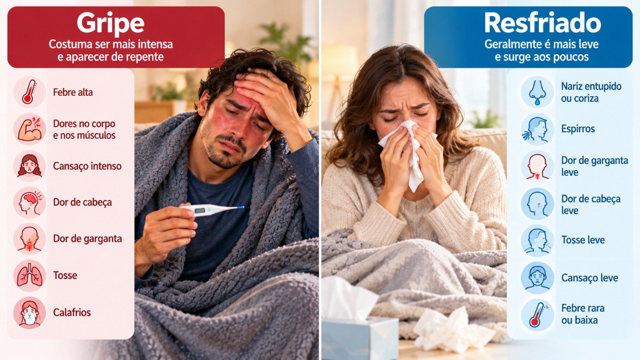 A gripe costuma causar febre e dores musculares mais intensas, enquanto o resfriado geralmente provoca coriza e espirros.