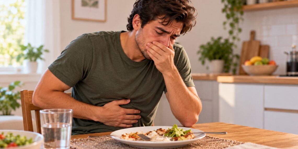 Náuseas, vômitos e cólicas após uma refeição podem indicar intoxicação alimentar, especialmente quando os sintomas surgem de repente.