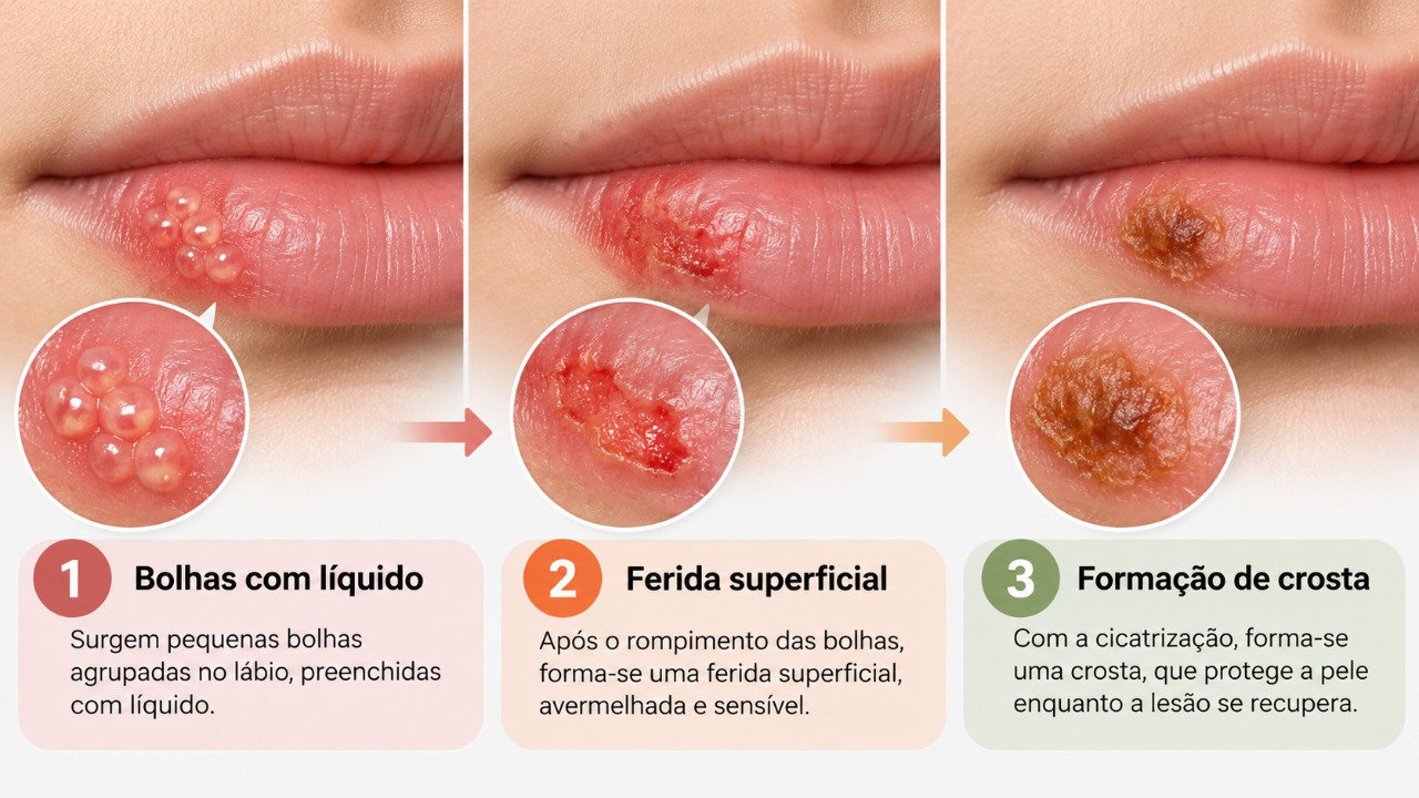 O herpes labial costuma começar com pequenas bolhas que podem se romper e formar crostas durante a cicatrização.